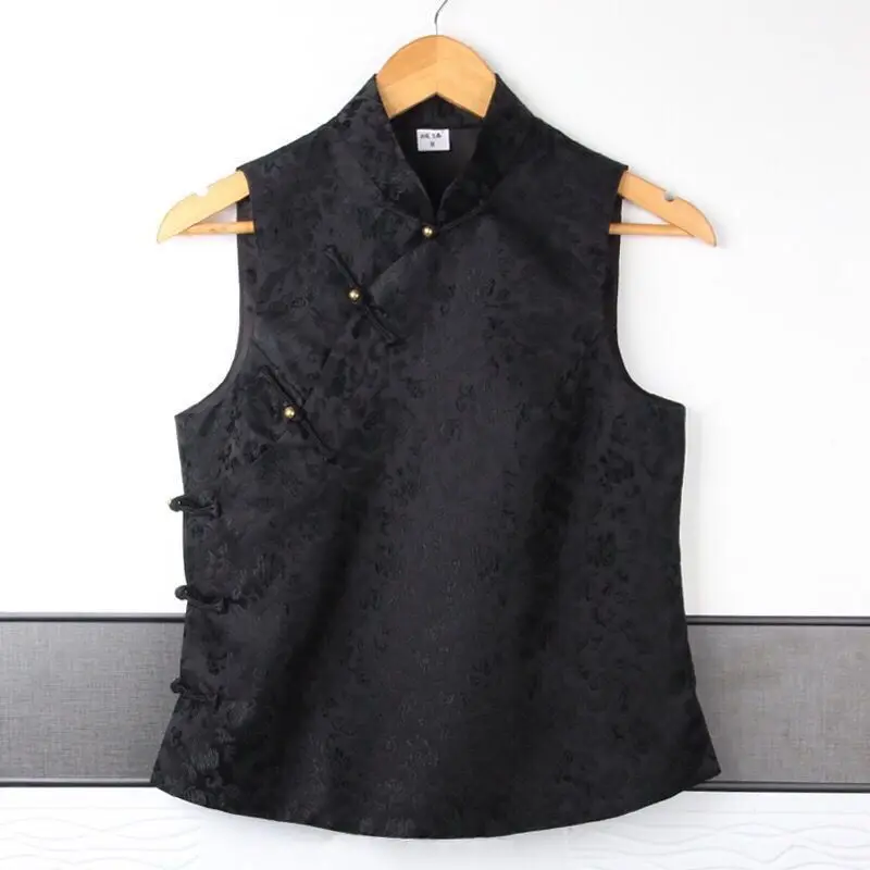 

2025 New Spring Handmade Buckle Stand Collar Vest Women Chinese Style Black Printed Short Vest Jacket Woman