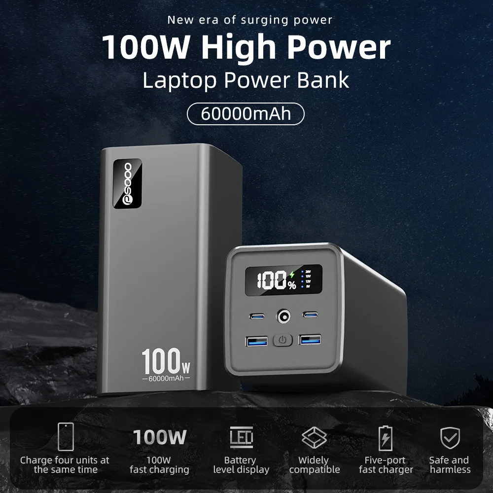 PSOOO Power Bank 100 Вт, 100 000 мАч, двойной USB/тип C/PD, внешний аккумулятор с быстрой зарядкой Внешняя батарея для ноутбуков, iPhone, планшетных телефонов Xiaomi