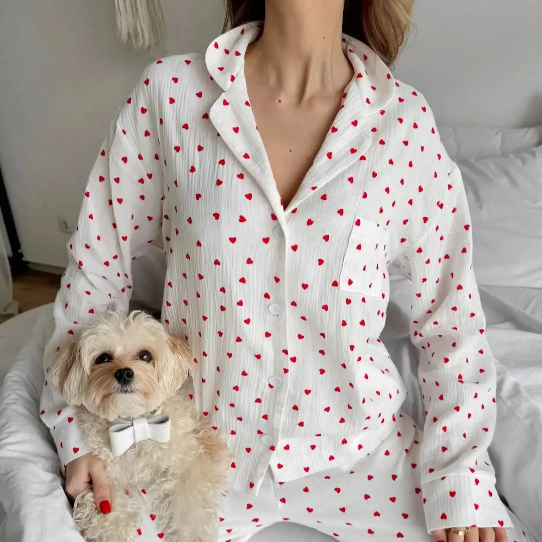 

Hiloc Women's Home Clothes Pajamas With Pants Heart Print Pants Sets Pajama For Woman Cotton Loose Trousers Long Sleeve Shirts