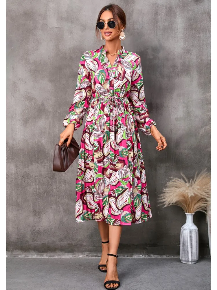 Nowa damska jesienna sukienka z nadrukiem liści, sznurowana w talii, o średniej długości, z długim rękawem, kołnierzykiem koszulowym, codzienna, wygodna, plisowana.