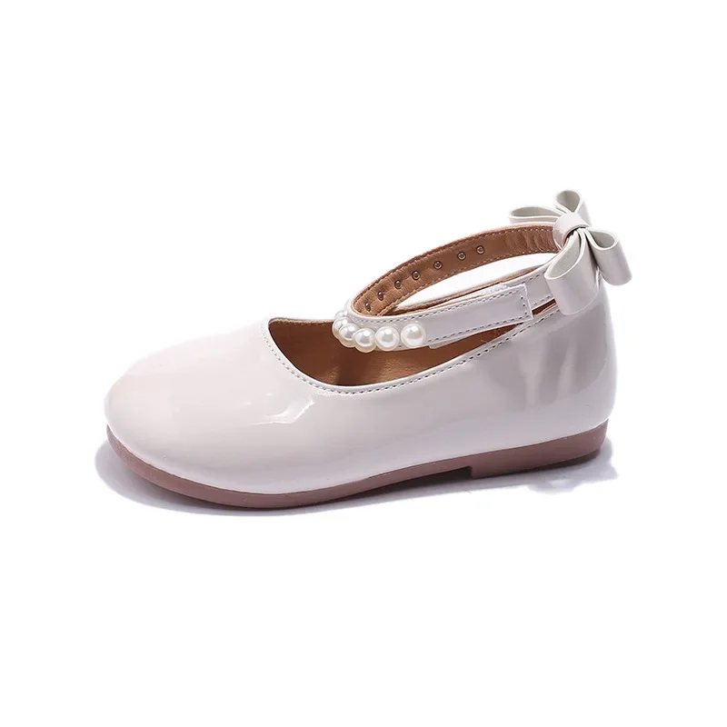 New 2024 Spring Autumn Girls Leather Shoes with Bowknot Pearls Princess Shoes Kids Sweet Soft Sole Flats Children Casual Sandals