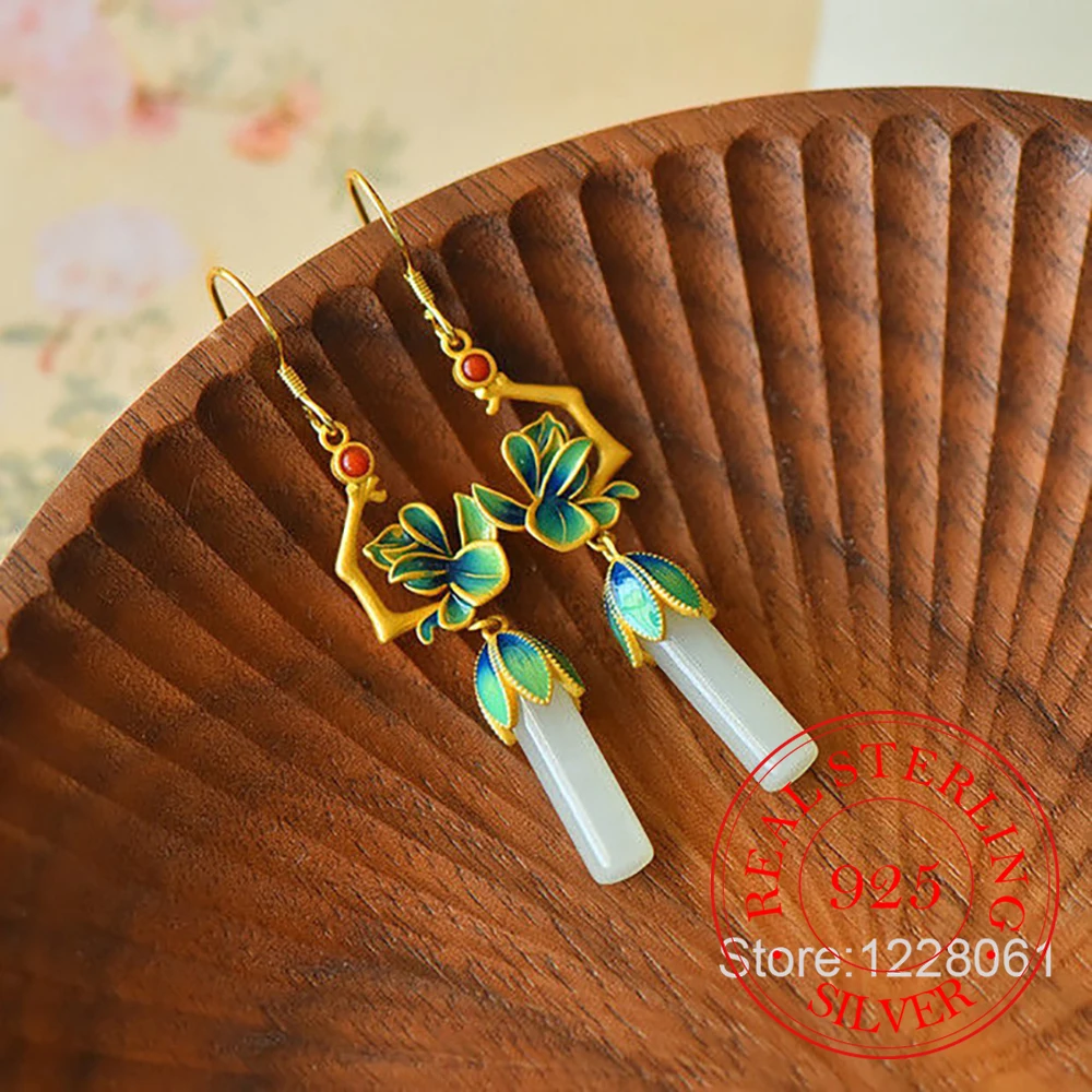 

925 Sterling Silver Jewelry Vintage Natural Jade Enamel Magnolia Flower Tassel Drop Earrings for Women Wedding Party Gift