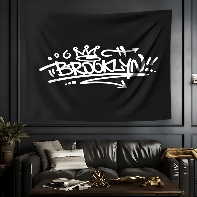 Brooklyn Graffiti Tapestry Black White Urban Street Art Wall Hanging Hip Hop Dorm Decor, Cool Typography Bedroom BackgroundCloth
