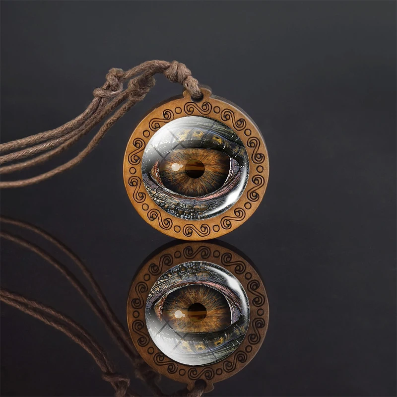 Animal Eyes Dragon Snake Owl Cat Tiger Eyes Glass Cabochon Necklace Handmade Wood Pendant Rope Chain Necklace for Men Women