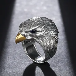 Buyee 925 Sterling Silver Unique Big Ring Elegant Eagle Animal Open Ring for Men Women Fashion Punk Rock Fine Jewelry Circle