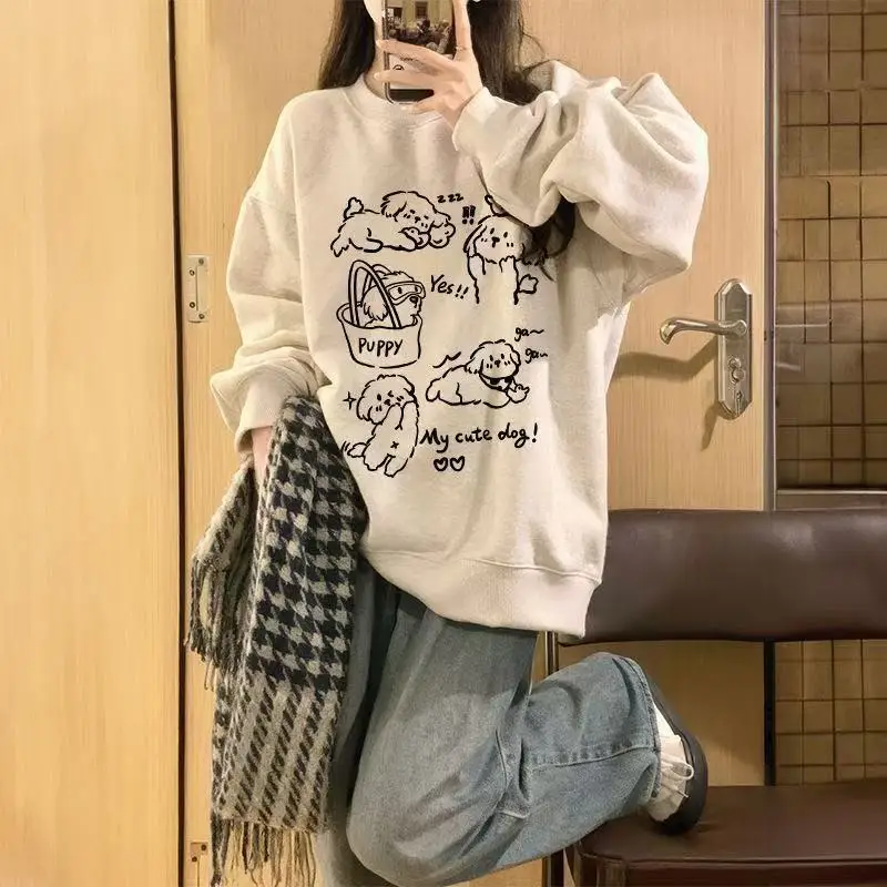 Estilo formal americano em torno do pescoço moletom feminino primavera outono 2025 dos desenhos animados bonito cães impressão pullovers escola meninas hoodies