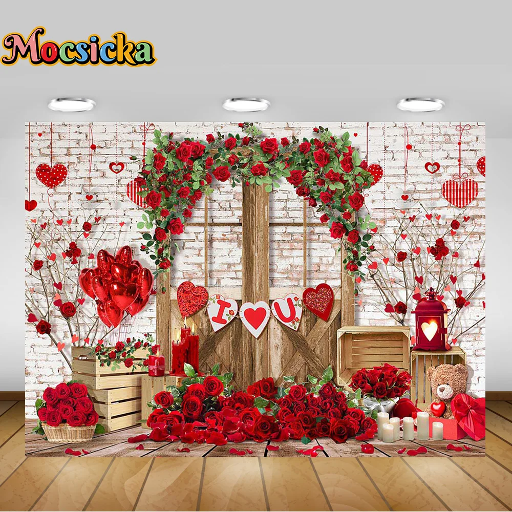 Mocsicka Valentine's Day Theme Backdrop Red Roses Romantic Wedding Decoration Wooden Door Frame Background Portrait Photo Booth