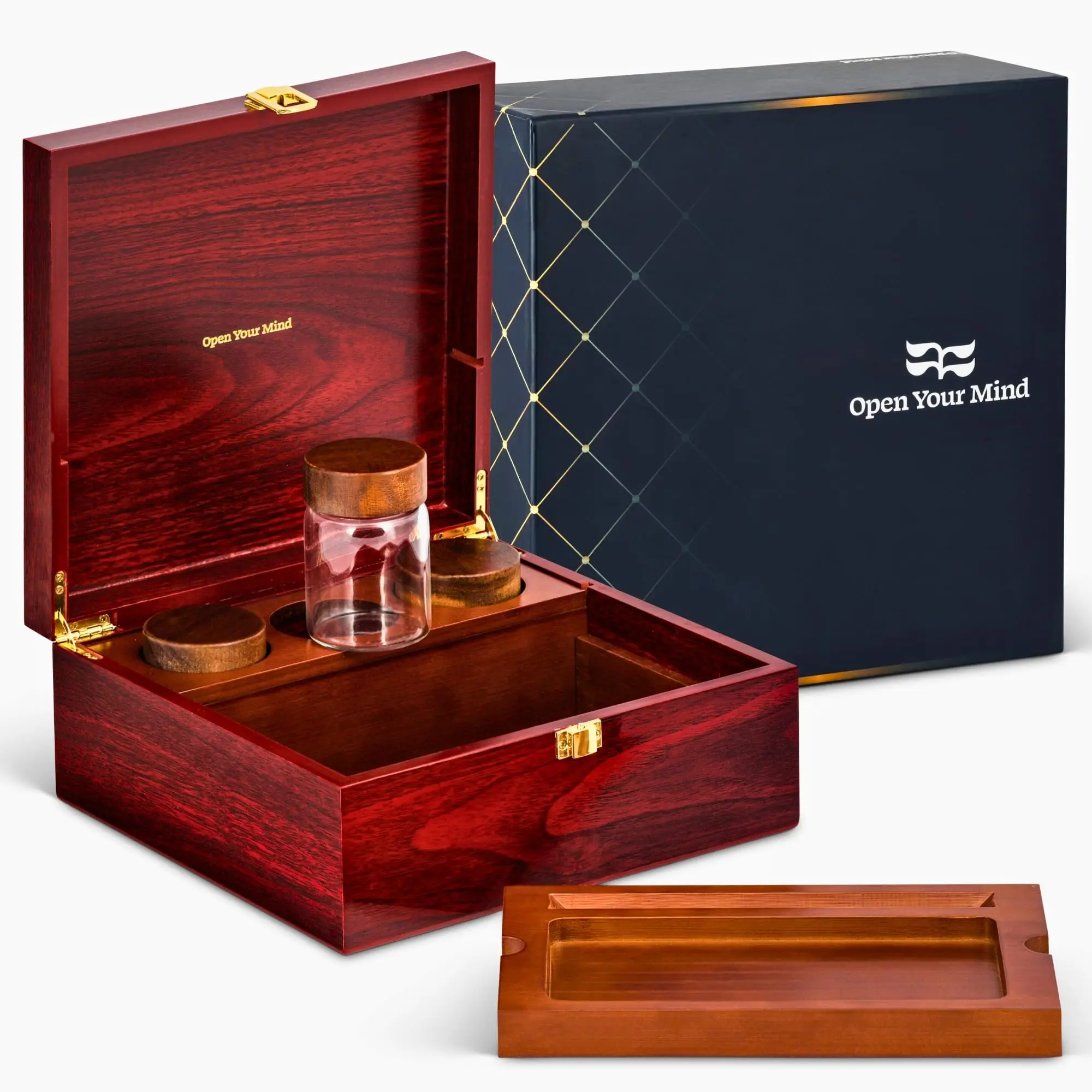 Luxe houten opbergdoos, 3 glazen containers, dienblad, organizer voor droge producten, cadeau, wiet hout, handgemaakt