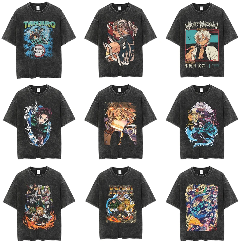 

Новинка 2025, хит продаж, оригинальная футболка BANDAI Demon Slayer Ghost Slayer Blade, старая свободная хлопковая футболка, мужская и женская футболка
