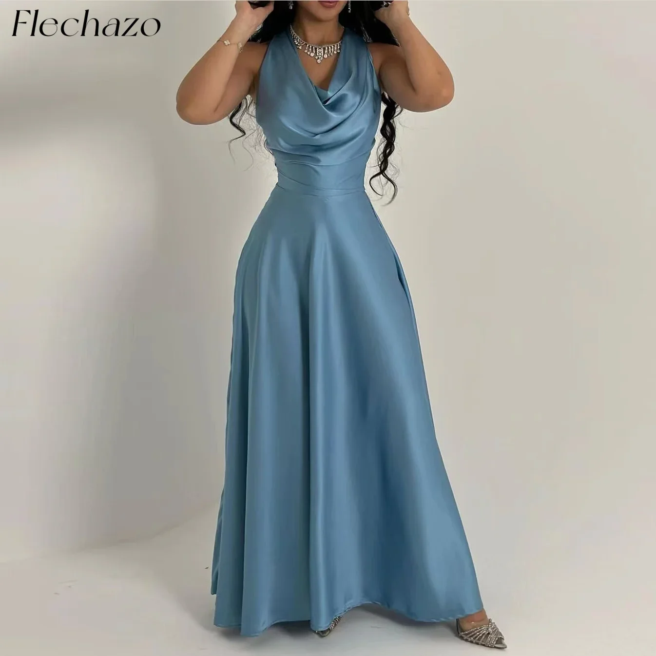Flechazo Dusty Blue Evening Dresses Halter Neck Floor-Length A Line Sleeveless Party Dress For Women 2024 vestidos de Noche