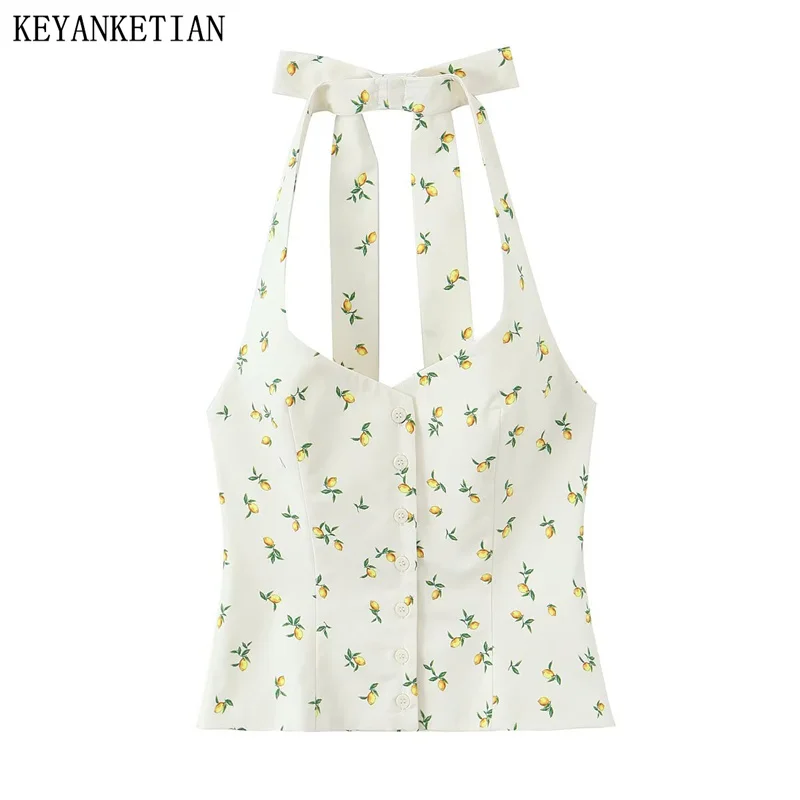 

KEYANKETIAN Summer New Women's Fruit Print Halter Slip Vest Holiday wind Single Breasted Backless Camisole Sweet Sleeveless Top