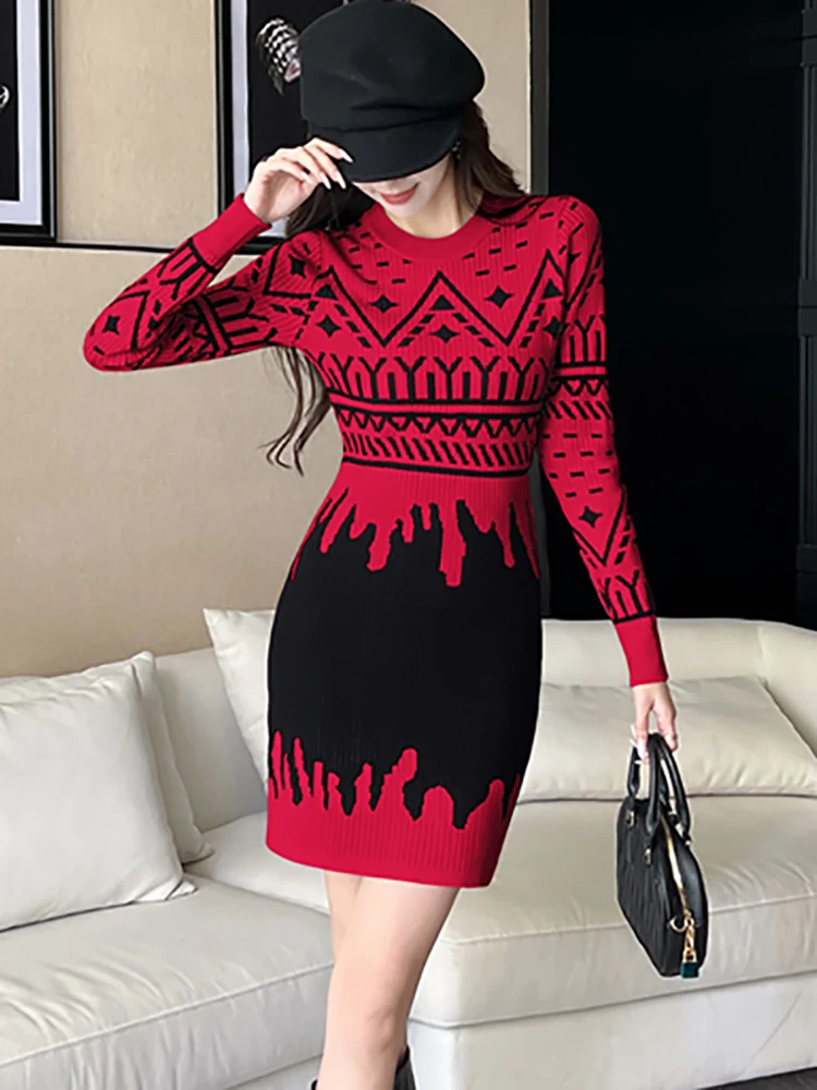 가을 겨울 레드 프린트 니트 긴팔 드레스 여성 우아한 바디콘 힙 랩 섹시 드레스 2025 한국 빈티지 페스티벌 드레스