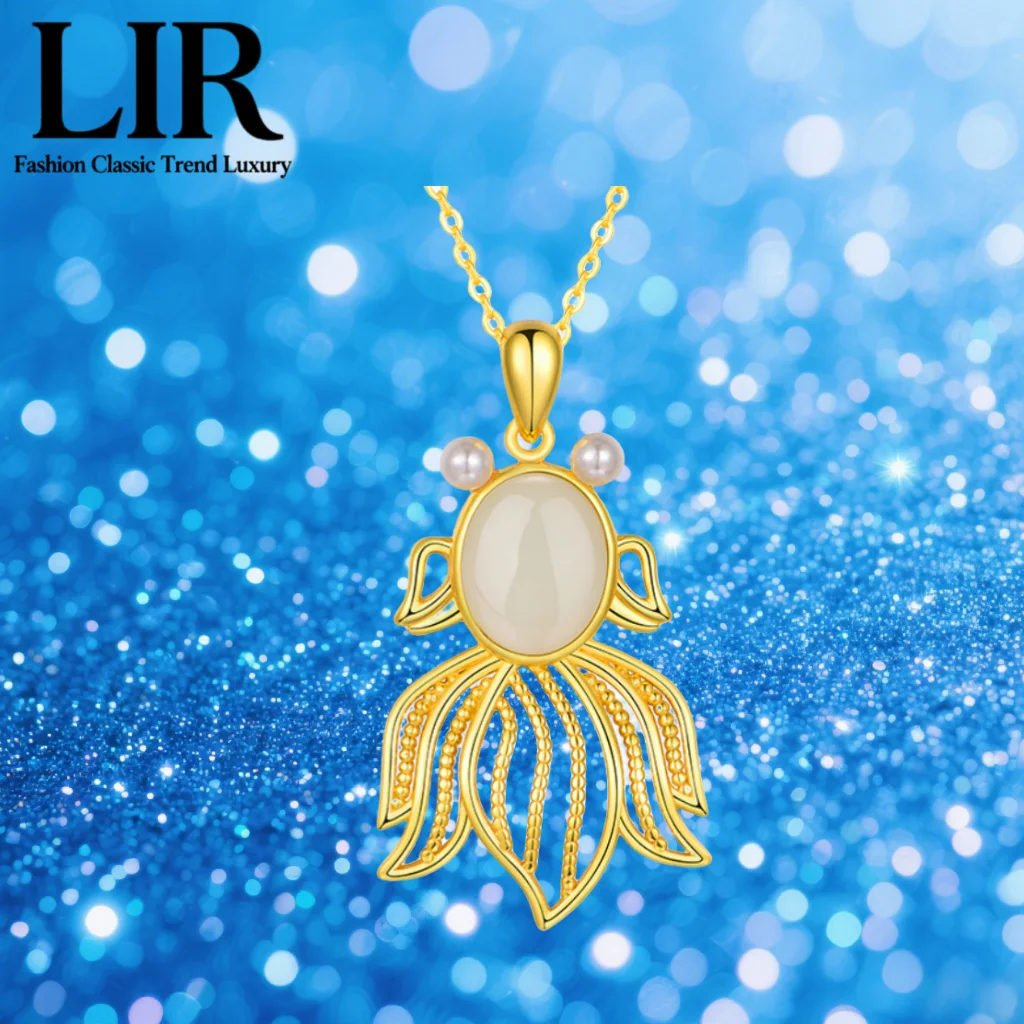 

LIR Silver Inlaid Natural Hetian Jade Fish Pendant Necklace, Feng Shui "Yearly Surplus" Wealth, Exquisite Gift Box Free Shipping