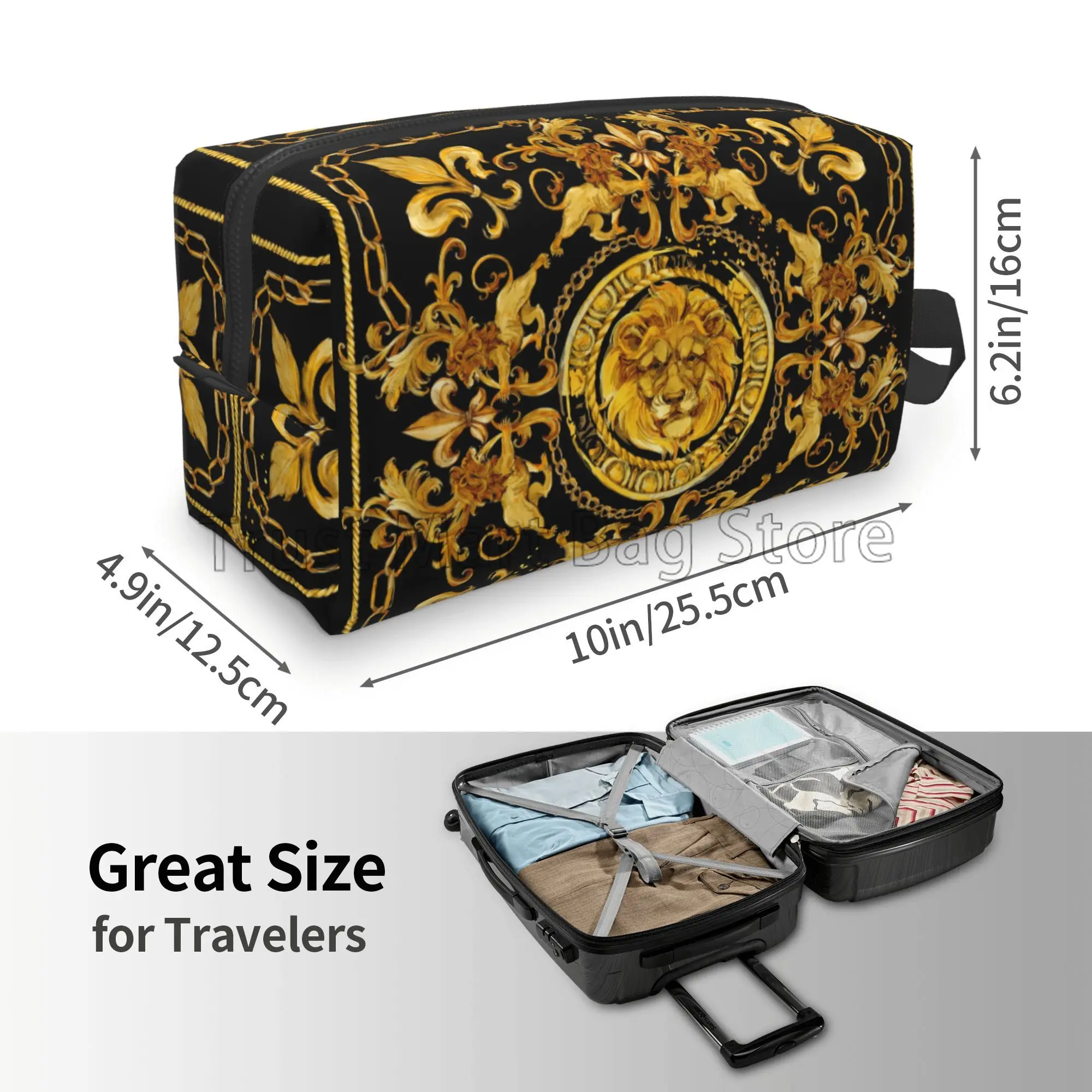 Golden Lion Baroque Print Makeup Bag Large Portable Lightweight Travel Toiletry Organizer Zipper Cosmetic Pouch for Women Men