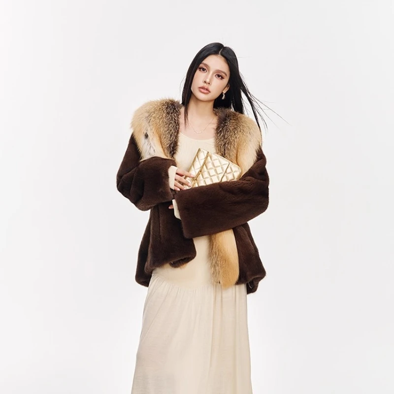 YOLANFAIRY 秋冬 輸入 フォックスファー襟 ミンクファーコート Vネック 長袖 通勤スタイル ファーオーバーコート 2025