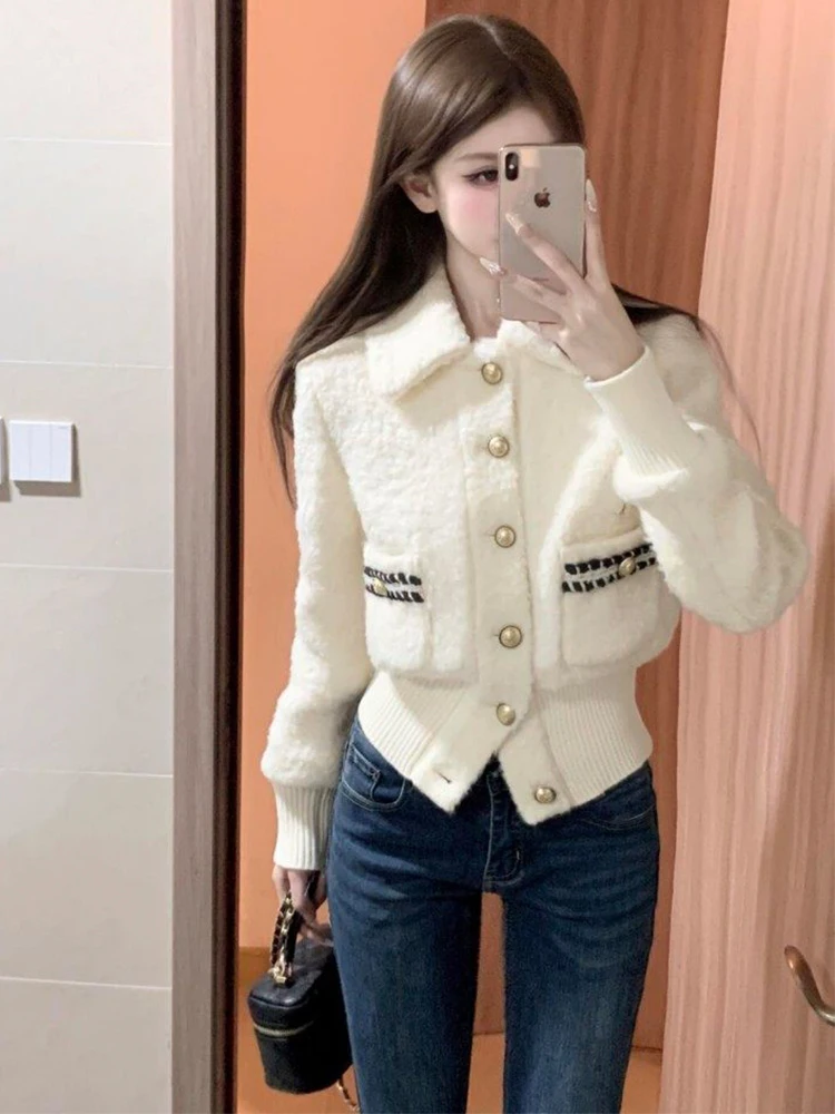 

Шерстяная куртка Ele ort для женщин, осенне-зимняя, модная, с металлическим синим откидным воротником, дышащая, из утолщенного полиэфирного волокна...