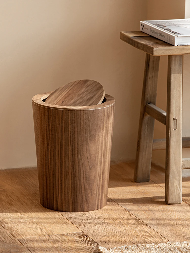 Wooden Wastebasket Minimalist Trash Bin Creative Garbage Bin Nordic Waste Storage Living Room Bedroom with Lid Flip Paper Basket