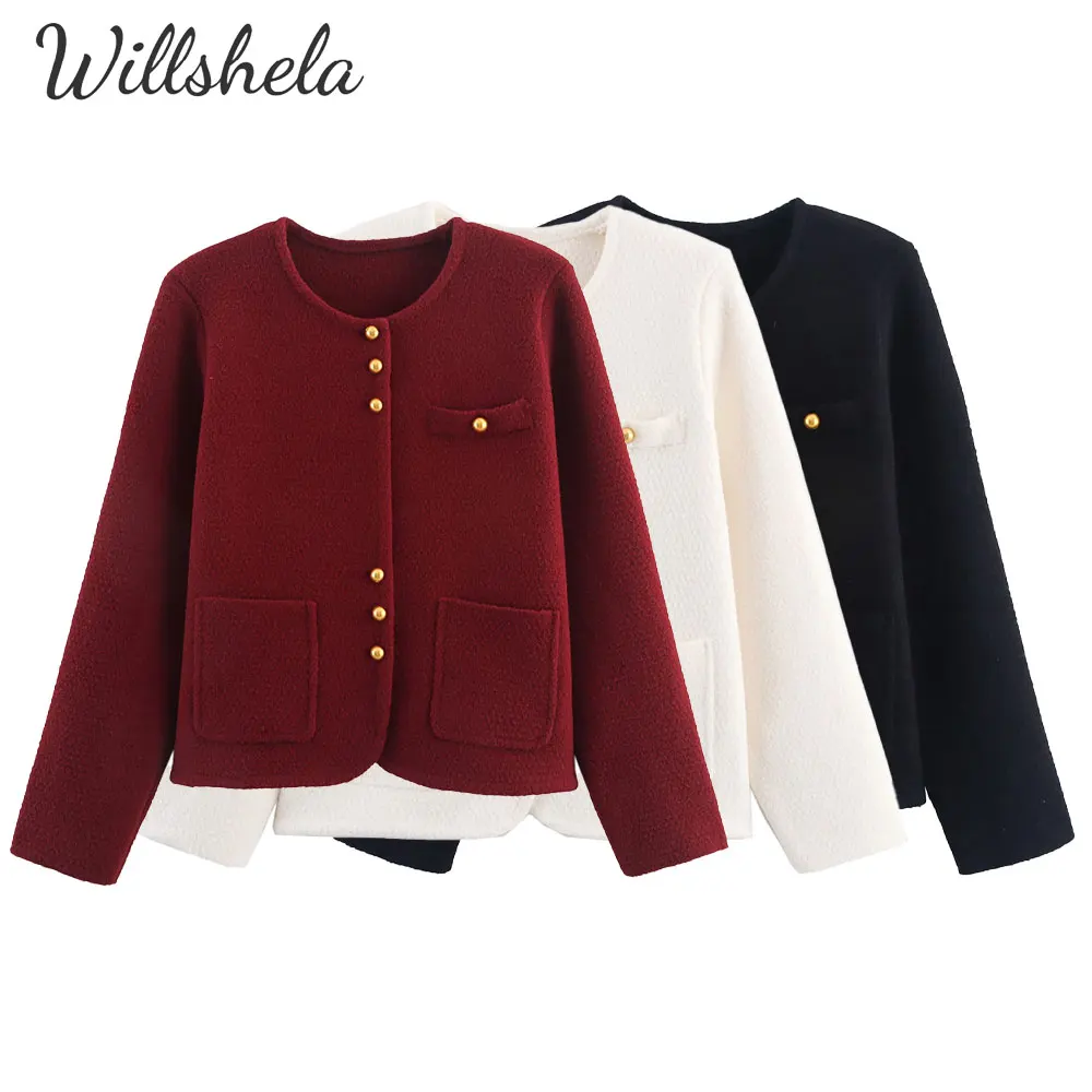 

Willshela женская модная однотонная винтажная куртка с круглым вырезом и длинными рукавами, женская шикарная женская повседневная верхняя одежда