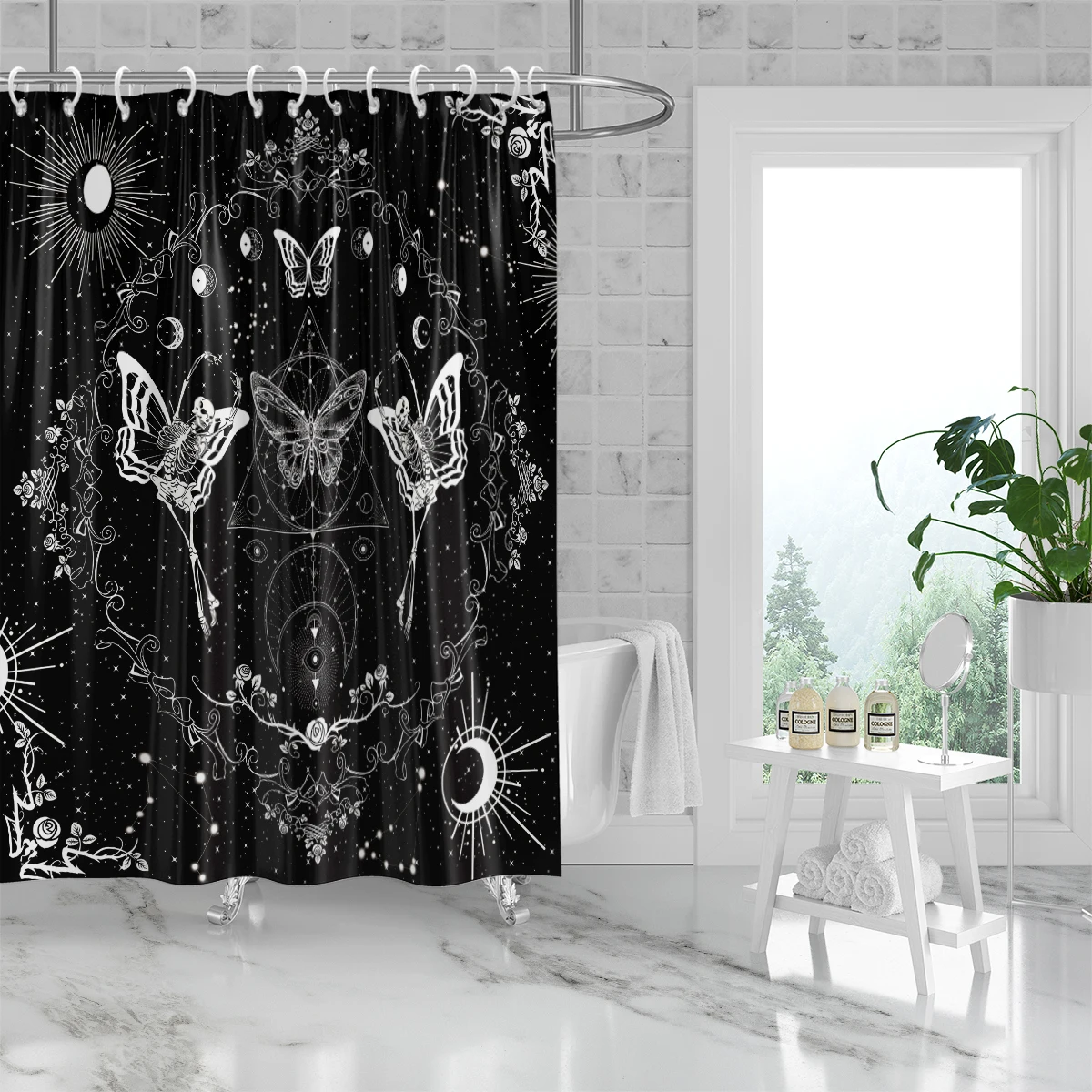 1PC skull and butterfly, Gothic style shower curtain, waterproof, washable, with 12 hooks, bathroom shower, bathtub, home use