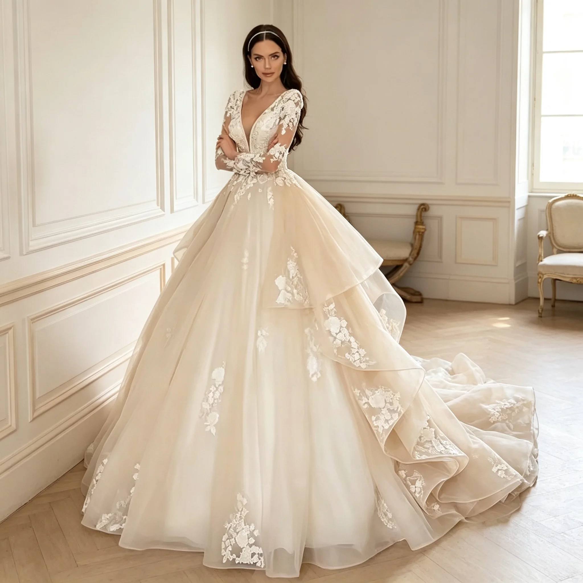 Deep V Long Sleeve Lace Wedding Dress Scattered 3D Floral Appliques High Waist Layered Ruffle Tulle Skirt Customizable