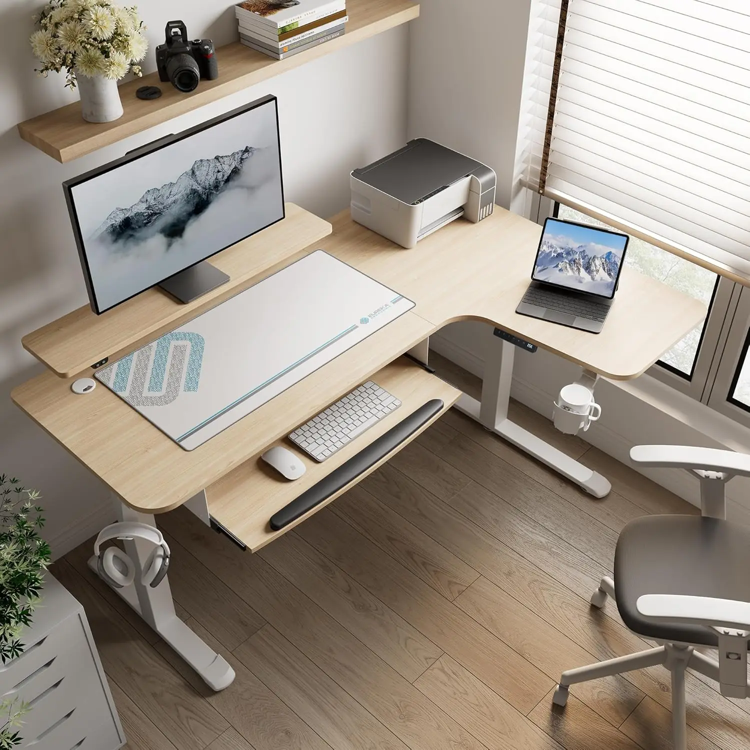 

Электрический регулируемый по высоте L-образный стол 61 дюйм, компьютерный стол для работы сидя и стоя с выдвижной полкой для клавиатуры и подставкой для монитора, на заказ