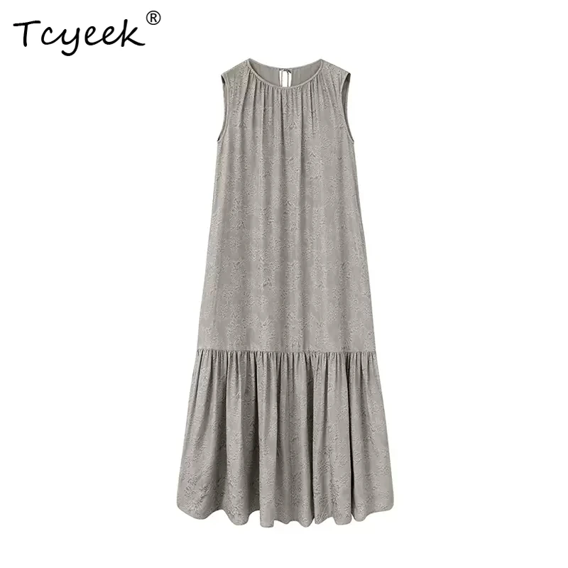 

Tcyeek, 34%Natural Silk Blend Sleeveless Dresses, Women O Neck Jacquard, Elegant Fashion Party Dress, 2024 Summer New D46164QM