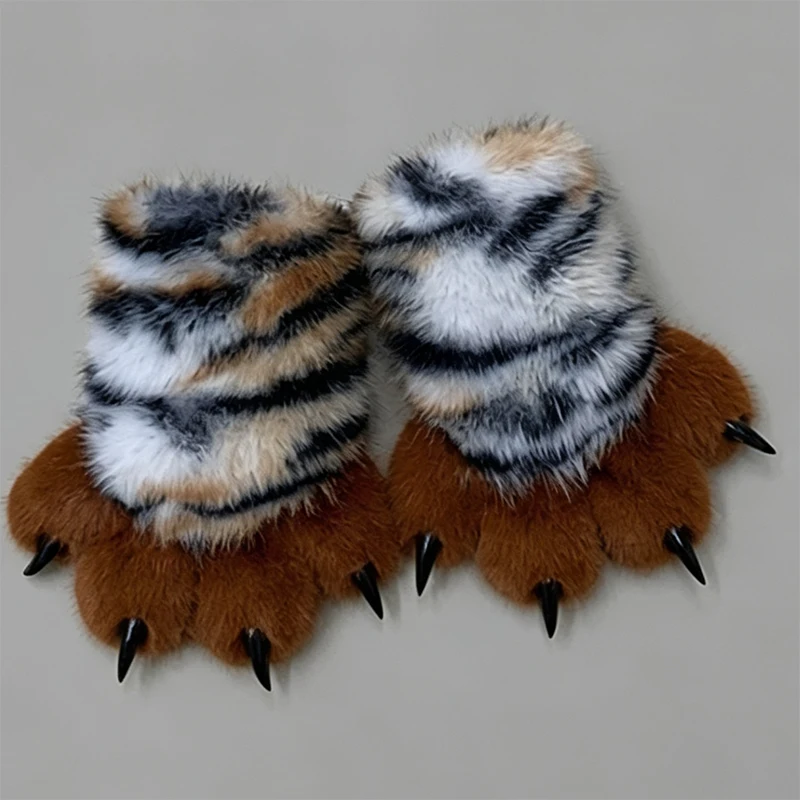 Tiger Pattern Plush Paw Glove Bear Claw Mittens With Nails Furry Cat Paw Cosplay Handwear For Halloween Party Costume Accessory