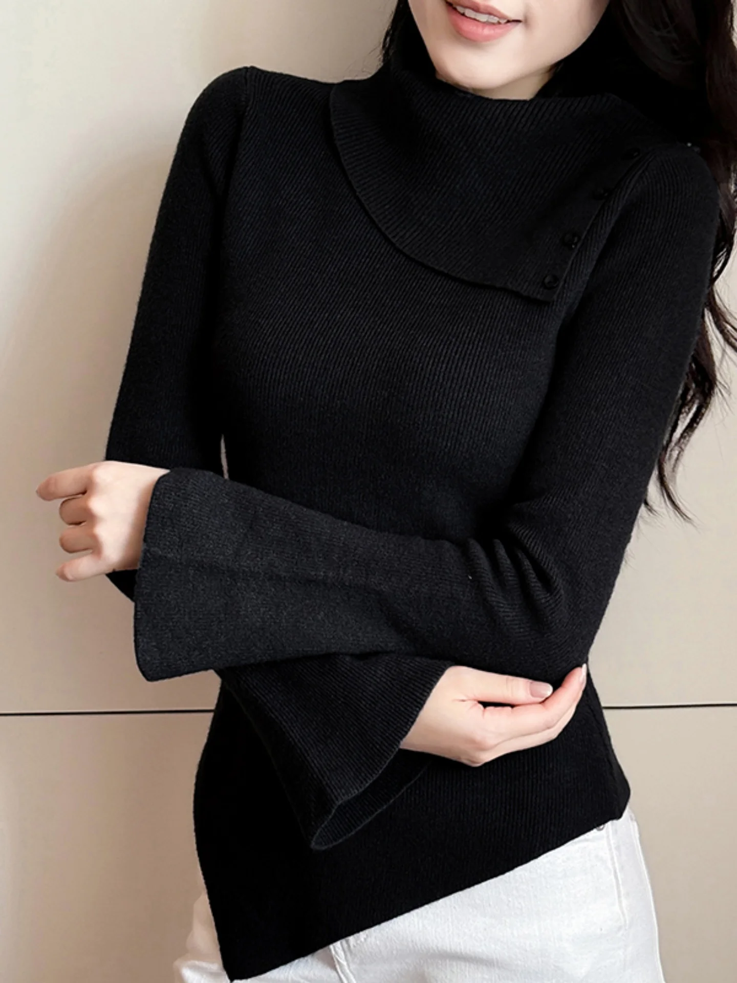 

Irregular Hem Knitwear Women's Faionable Turn-down Collar Bell Sve Long Sve Slim Fit Versatile Base Layer Top