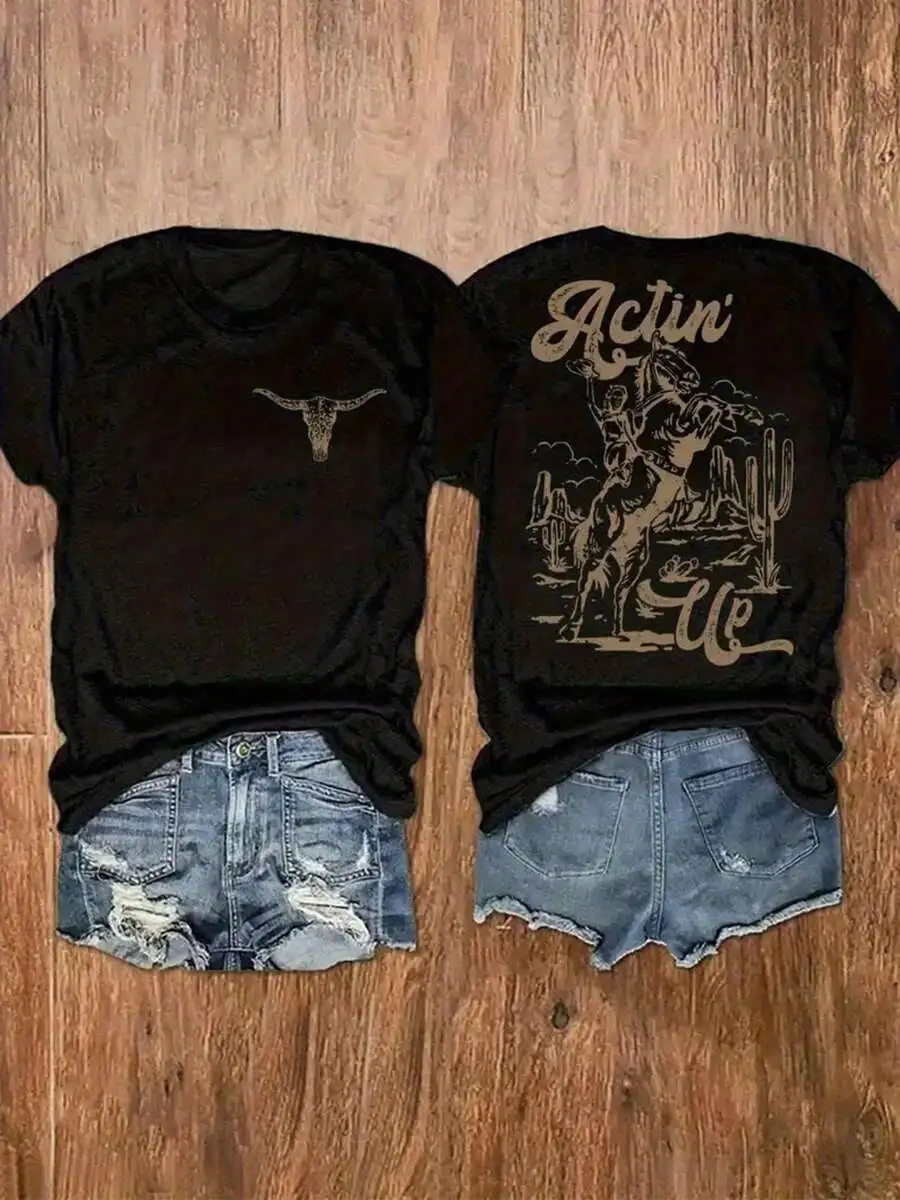 

Western Actin Up Rodeo Graphic Black Short Sleeve T-Shirt 100% Cotton Women
