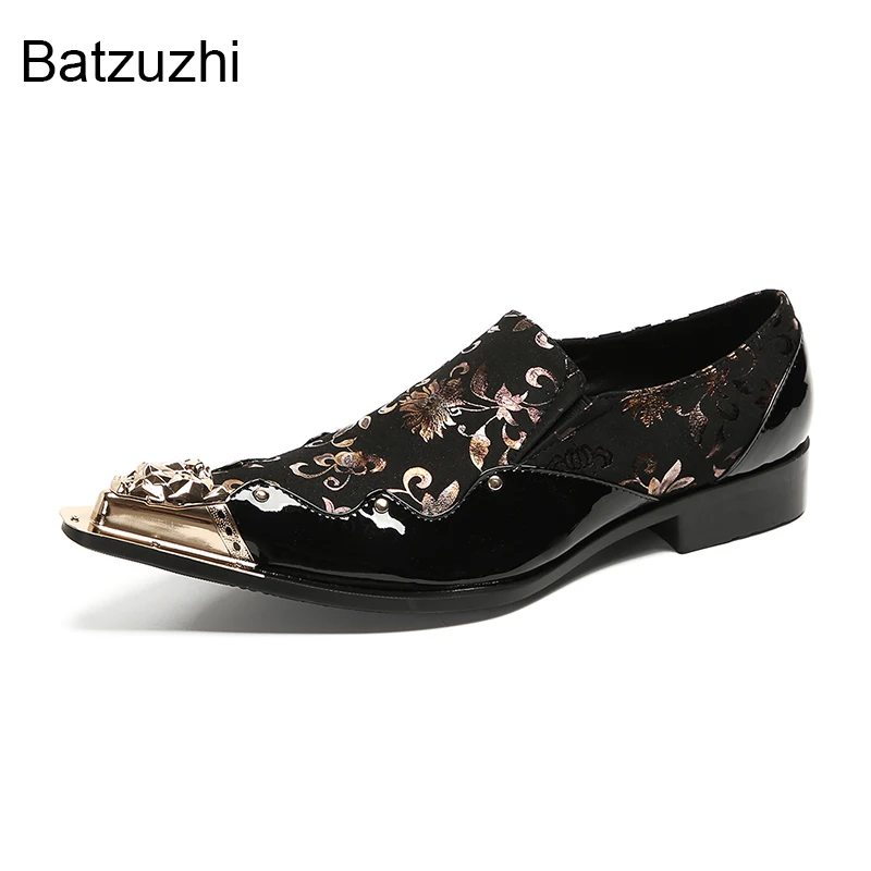 Batzuzhi Luxury Handmade Men's Shoes Pointed Iron Toe Black Genuine Leather Dress Shoes Man Gold Flowers Party, Wedding Footwear