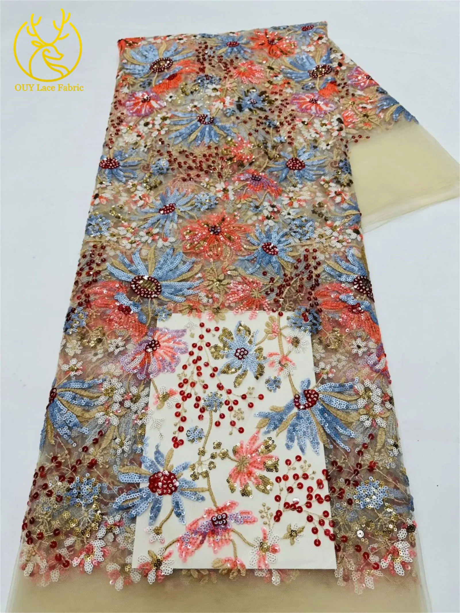 5 Yards des neuesten afrikanischen Pailletten bestickten Spitzenstoffs, hochwertiger französischer nigerianischer Mesh-Tüll-Spitzenstoff, Partykleid – Detail 15