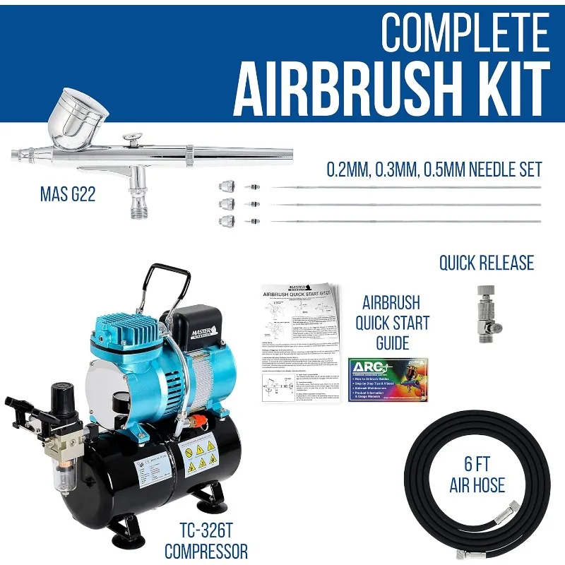 Dual Fan Air Tank Compressor System Kit with a Pro Set G222 Gravity Airbrush Kit with 3 Tips 0.2, 0.3 and 0.5 mm - Hose, Holder