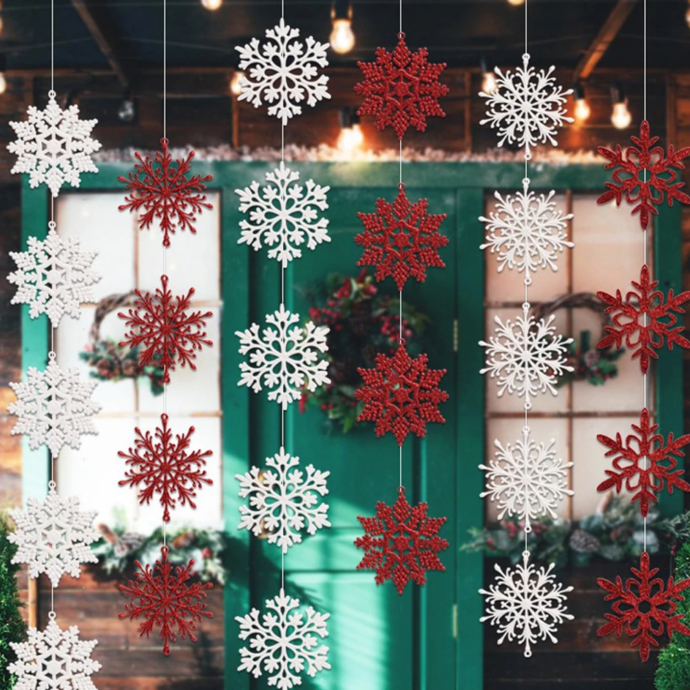 40 ชิ้นคริสต์มาส Glitter Powder Snowflake String จี้เกล็ดหิมะที่มีสีสันเครื่องประดับ Xmas Tree แขวน Party Decor