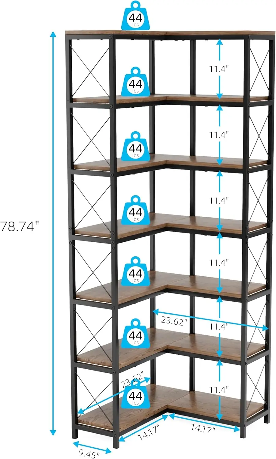 رف كتب زاوية من 7 طبقات مع أضواء LED، رف تخزين عالي الزاوية مقاس 78.7 بوصة لغرفة المعيشة وغرفة الدراسة، ألوان ملتهبة #2