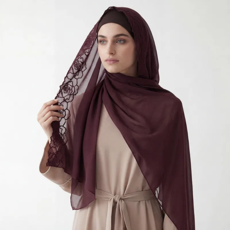 

2026 New Floral Rose Embroidery Chiffon Hijab 70×180cm for Muslim Women African Luxury Islamic Headscarf Ramadan Eid