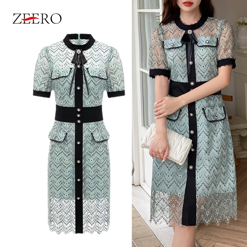 Zomer Zoete Kant Borduurwerk Knop Decor Bow Hals Jurken Elegante Vrouwen Casual Streetwear Midi Feminino Party Dress Vestidos