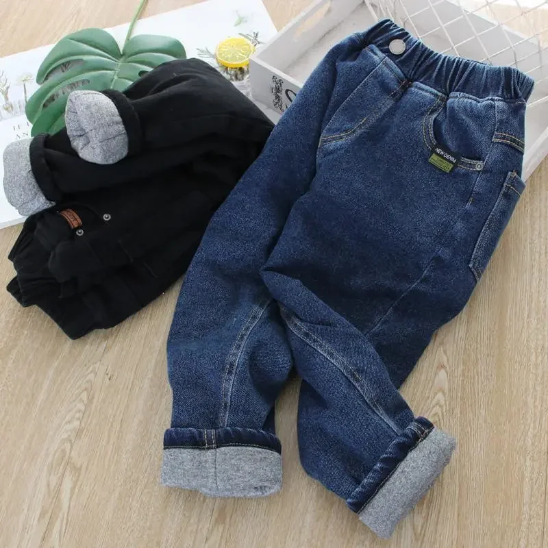 1-7 Years Old Children Jeans 2024 Winter Baby Boys Girls Solid Color Three-Layer Cotton Warm Denim Pants Kids Thicked Trousers