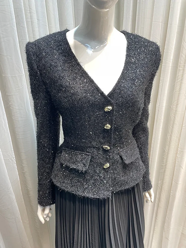 Vestido de terno preto feminino manga comprida lapela slim fit em camadas vestido longo com babados