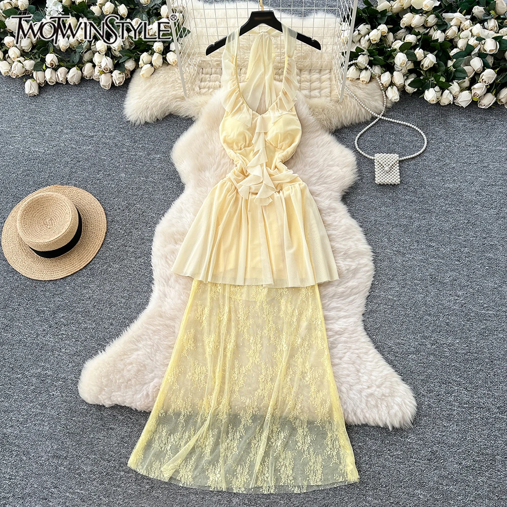 

TWOTWINSTYLE Sexy Spliced Folds Dresses For Women Round Neck Sleeveless Backless High Waist Chic Dressfemale Fashion KDR541107