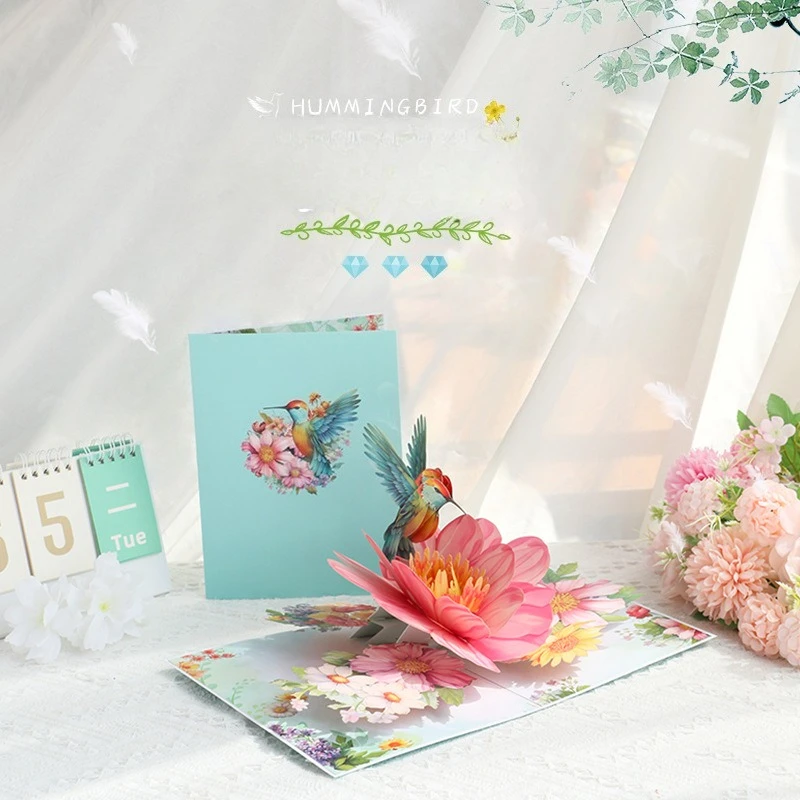 

3D Pop-up Hummingbird Flower Greeting Paper Card Mother's Day Love letter Teacher Dimensional Mechanic Engineering Joy Graceful