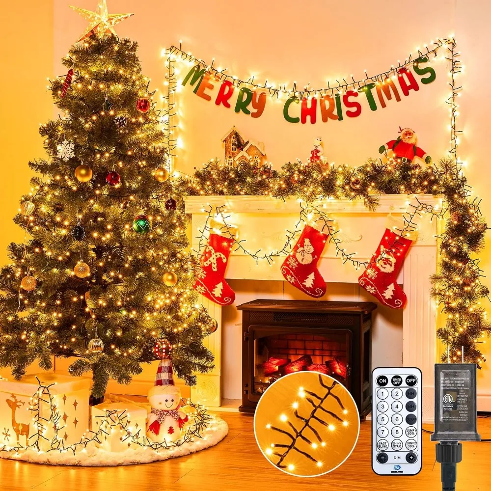 Lumières d'arbre de noël en grappe de 50 pieds, 1000 LED, avec 12 Modes d'éclairage, guirlande lumineuse de pétard d'extérieur, minuterie et contraste à distance