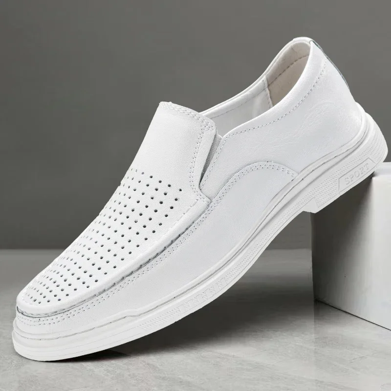 

New Perforated Mens Wedding Leather Shoes White Genuine Leather Luxury Brand Loafers Shoes Business Formal Casual Shoes W707