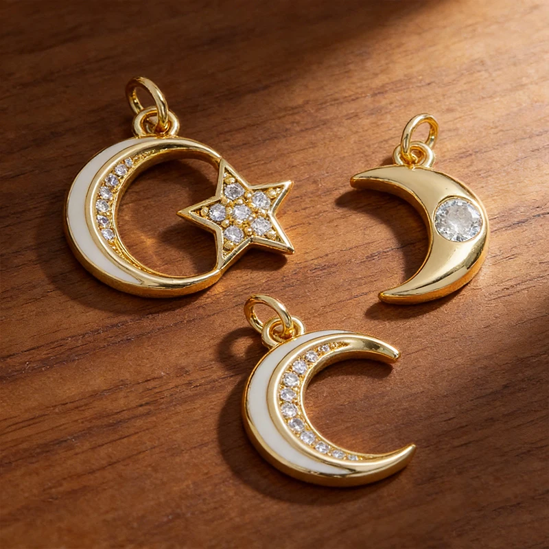 

15 шт. подвесок-шармов «Сияющий Луна и Звезда» с латунным покрытием, цирконием и эмалью для изготовления ожерелий и браслетов, высококачественные ювелирные аксессуары