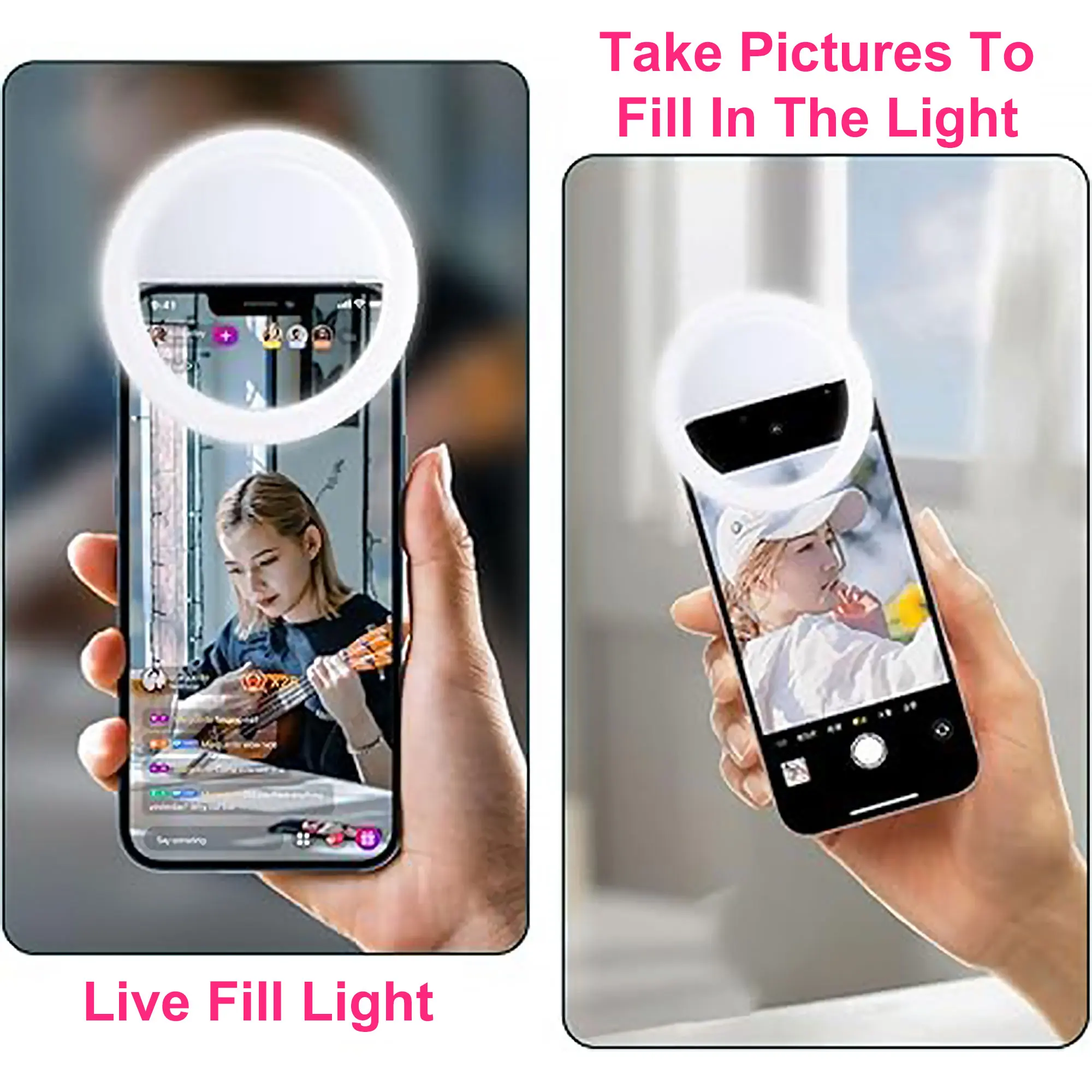 Generic Clip-On LED Selfie Ring Light. Universal and Portable with Adjustable Brightness，Rechargeable 3 Adjustable Light Levels