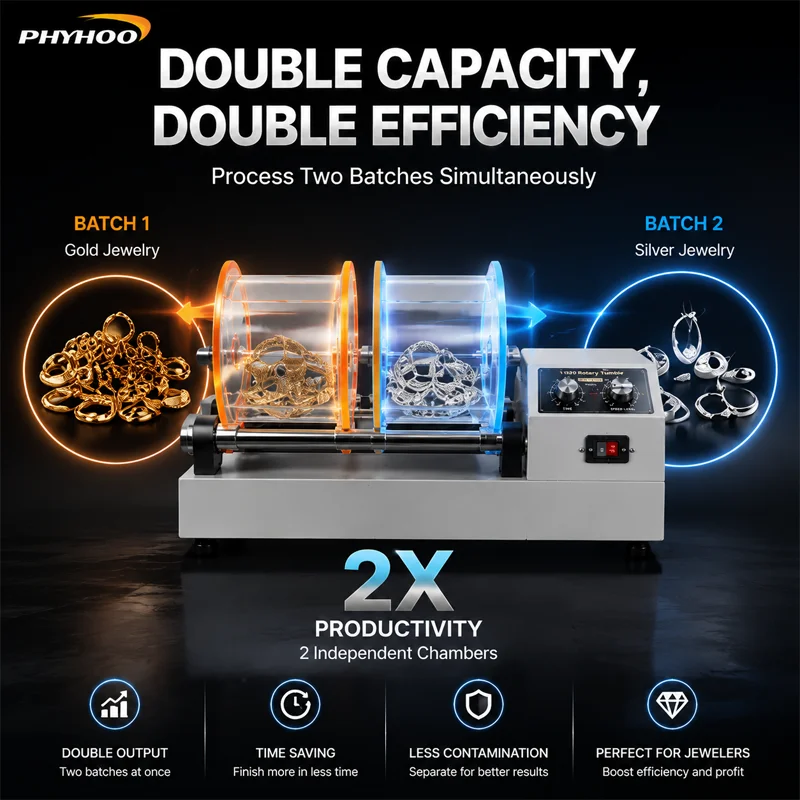 PHYHOO Professional Double Barrel Rotary Tumbler Jewelry Polishing Machine 580W Bidirectional Rotation Timer Surface Finish Tool