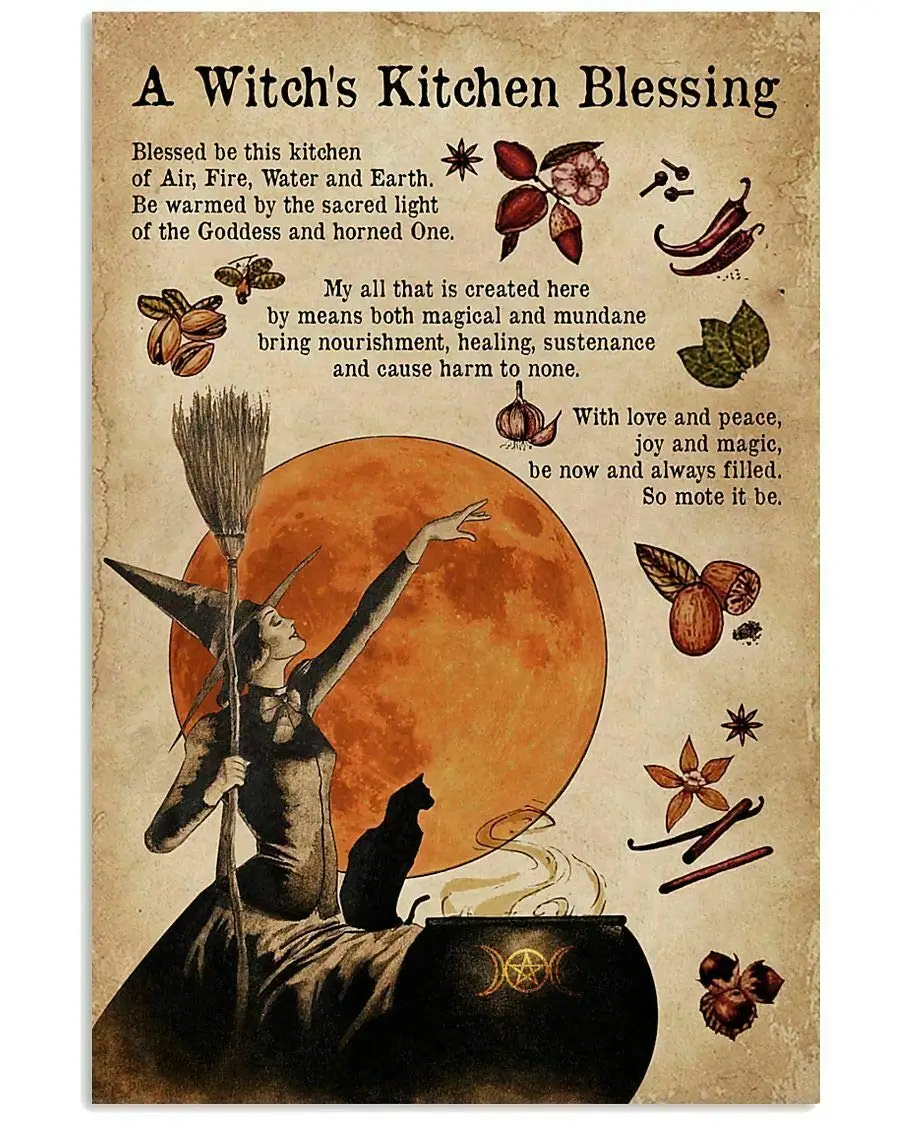 Eeypy Vintage Halloween A Witch is Kitchen Blessing Poster Art for Home Decor Pub Funny Novelty Coffee Shop Restroom Club Yard G