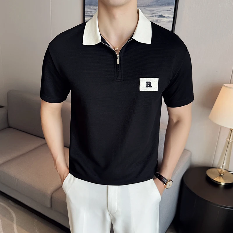 

2024 Summer Men's Contrasting Polo Shirt Fashion Short Sleeve Lapel T-shirt Zipper Casual Business Tee Tops Men Clothing