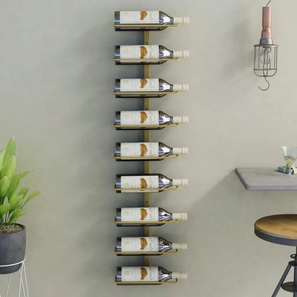 Elegant Gold Iron Wall-Mounted Wine Rack Holds for 9 Bottles - Stylish Home Decor Storage Solution