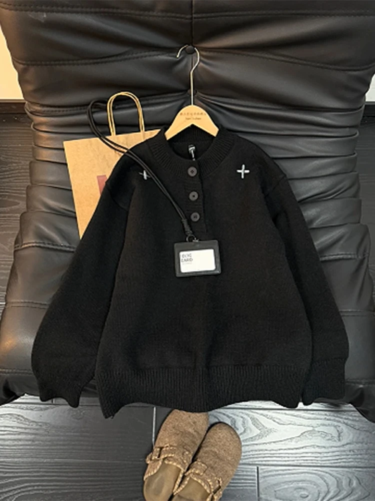 

Мужской вязаный свитер с воротником хенли и вышивкой крестиком, весенне-осенний, повседневный, базовый слой, плотный трикотажный свитшот