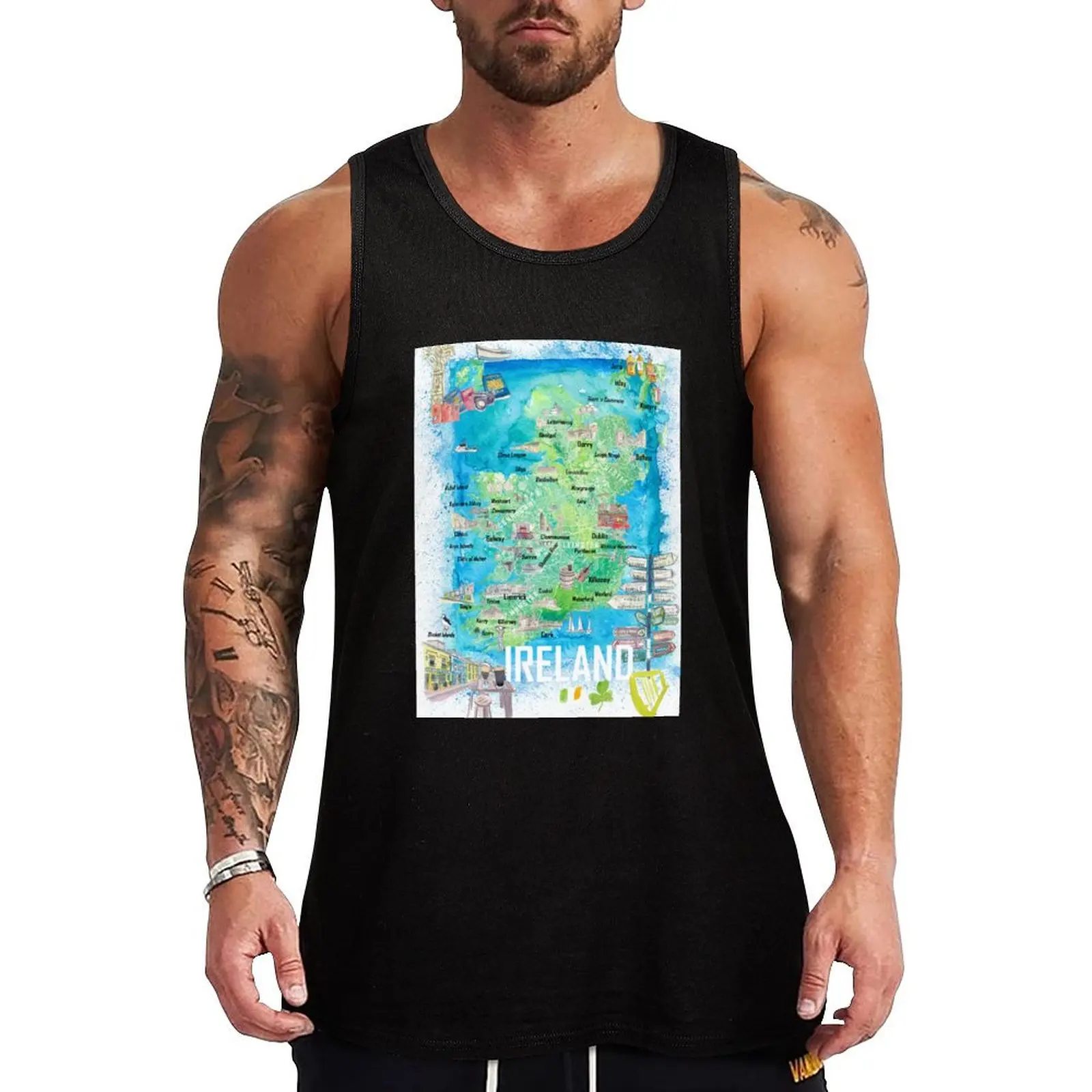 Ireland Illustrated Travel Map with Tourist Highlights - Signpost Edition Tank Top gym training accessories Men's clothes